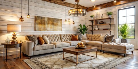 Rustic whites shiplap accent wall behind velvet sectional sofa in cozy beige room with vintage rugs warm golden lighting and industrial metal decor.
