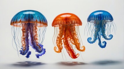Jellyfish set (orange, blue, red) isolated on white background