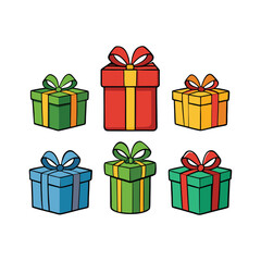 set of Christmas gifts box, isolated on white background, cartoon illustrations, vector illustration, flat color illustration with no outline, using solid colors with simple details, vector style