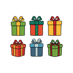set of Christmas gifts box, isolated on white background, cartoon illustrations, vector illustration, flat color illustration with no outline, using solid colors with simple details, vector style