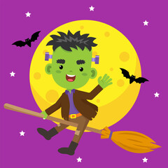 halloween character cute frankenstein illustration flying on broomstick with moon background