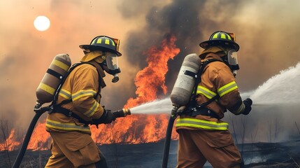 Naklejka premium Firefighters Battling Intense Forest Fire Amid Climate Change, Team of Firefighters Fighting Devastating Wildfire, Forest Fire Emergency Response Team in Action