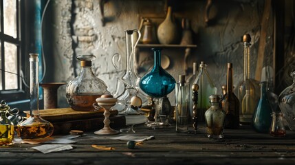 A rustic and atmospheric chemistry lab filled with assorted glass bottles and beakers, suggesting an old, historical, or experimental setting.