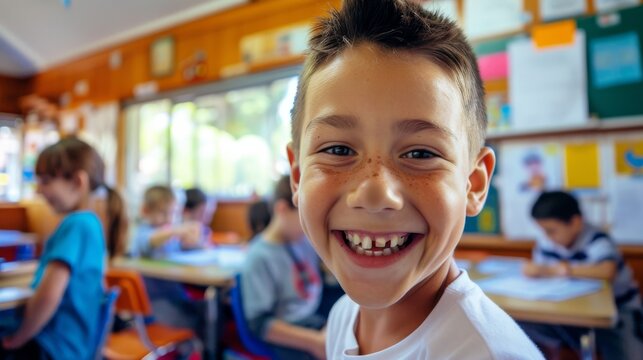 A beaming child with missing teeth exudes joy inside a lively classroom, embodying the innocence and excitement of school days. - Powered by Adobe