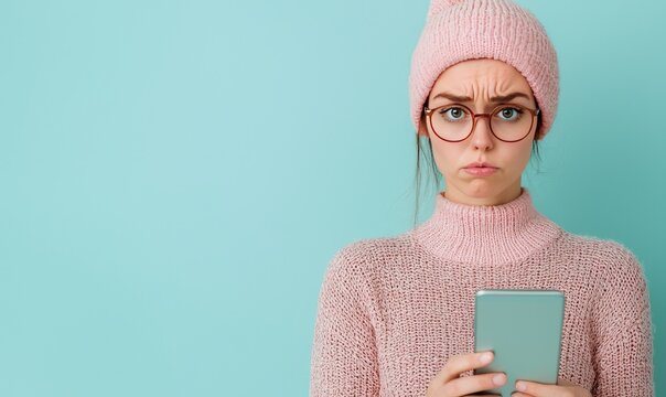 Young woman in pink sweater and beanie looking confused while holding a smartphone against a blue background, wearing glasses.