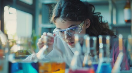 An inquisitive young scientist in safety goggles conducts an experiment in a lab, surrounded by colorful test tubes.