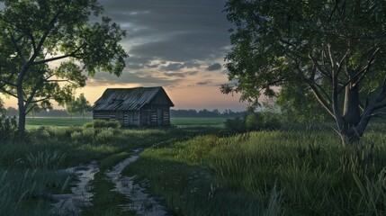 Fototapeta premium Twilight Serenity Tranquil Rural Landscape with Vibrant Greenery and Calm Skies