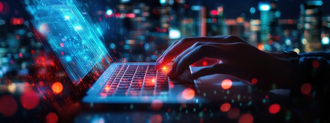 Computer network specialist configuring switches in data facility background server racks digital technology IT infrastructure telecommunication management concept