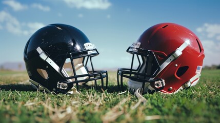 Fototapeta premium Two football helmets, one black and one red, face each other on a green field under a bright blue sky, symbolizing competition and sportsmanship.