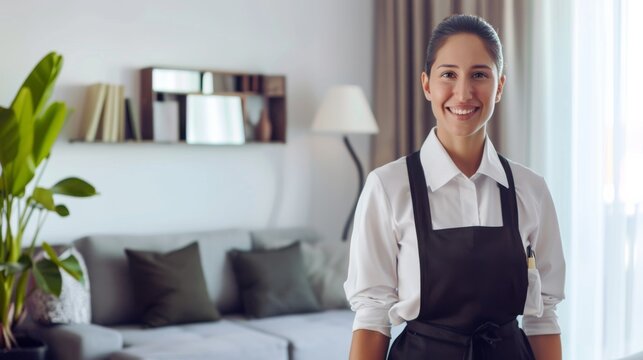 A smiling young woman in a neat uniform stands in a cozy, well-decorated living room, exuding warmth and hospitality.