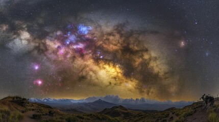 Colorful milkyway galaxy night stars landscape