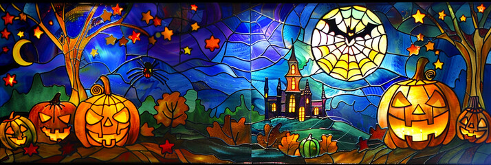 Obraz premium Stained glass Halloween pumpkin world.