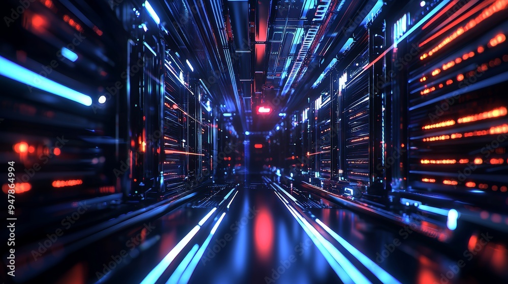Poster the corridor in this working data center is filled with rack servers and supercomputers, which are s