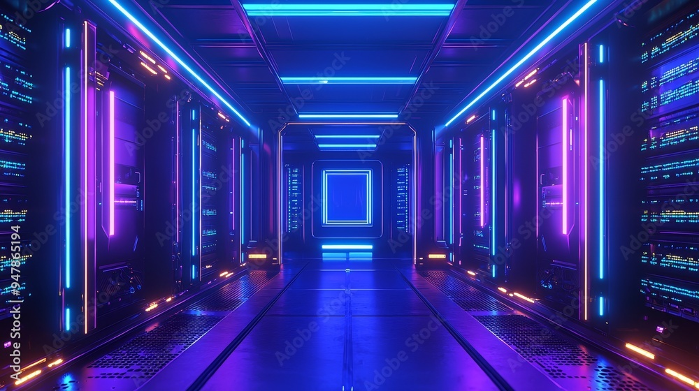 Poster corridor in working data center with rack servers and supercomputers and internet visualization proj