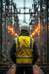 Industrial Worker in High-Visibility Vest and Hard Hat at Electrical Substation During Dusk