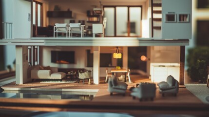 An impeccably designed modern dollhouse, featuring upscale furniture pieces and an inviting ambiance in a well-lit room.