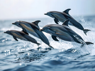 A synchronized pod of dolphins leaping gracefully out of the water in perfect unison.