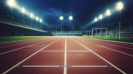 A nighttime view of an outdoor athletics track lit by bright stadium lights, emphasizing the lane markings and an empty, peaceful field.