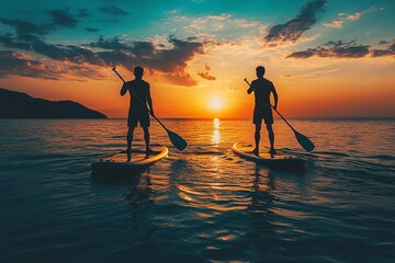 Two men standing on paddleboards with stands and holding oars, the man in front is driving forward while another person behind