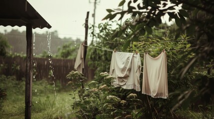 White linens hang on a clothesline in a lush garden as rain gently falls, creating a serene and nostalgic scene.