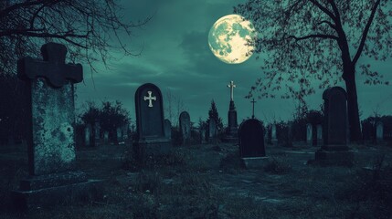Creepy graveyard under moonlit sky
