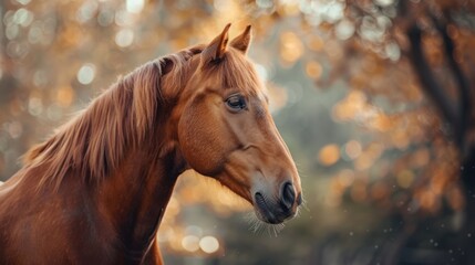 Fototapeta premium Closeup brown horse stands in a meadow farm