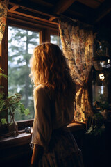 Obraz premium Woman standing in front of window looking out