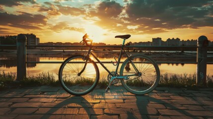 A classic bicycle parked on a riverside path during a golden sunset, capturing the tranquil essence of evening solitude.