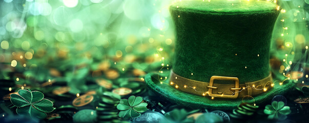 A green hat with a gold buckle sits on a pile of gold coins. The hat is surrounded by a green field with a few clovers scattered around it. Scene is festive and celebratory