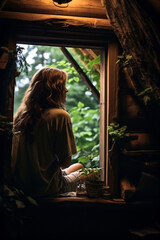 Obraz premium Woman sitting on window sill looking out