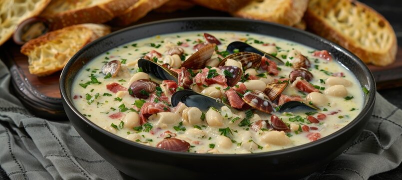Steaming bowl of creamy New England clam chowder with crusty bread, perfect for a comforting meal.