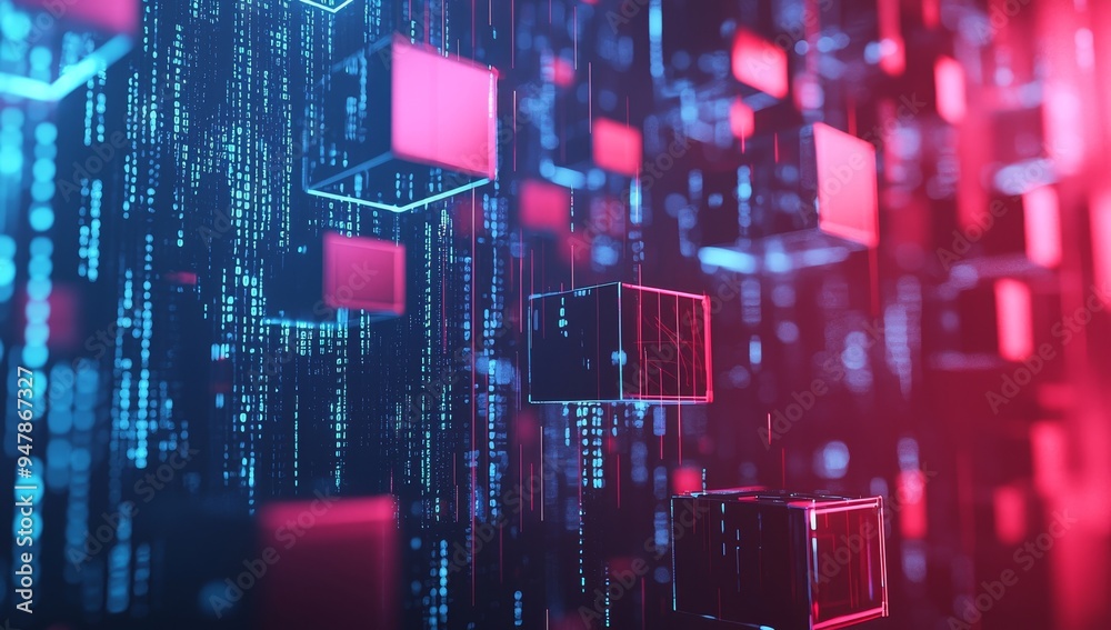 Poster symbols on a 3d illustration similar to those of a binary code. information blocks in digital space.