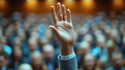 Businessman raising hand asking question during conference meeting