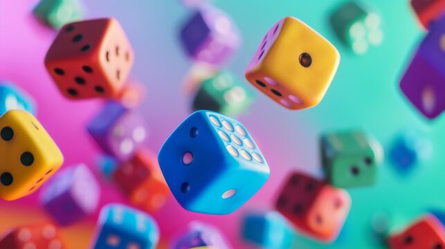 Colorful dice hover and tumble against a blurred pastel background, illustrating a sense of chance, play, and vibrant energy.