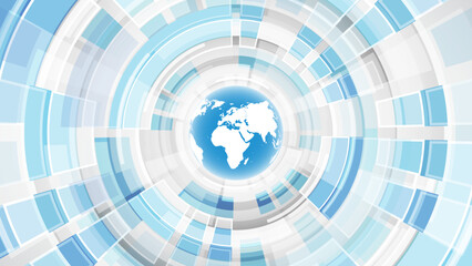 Abstract technology background with world map on blue circle. Vector illustration.