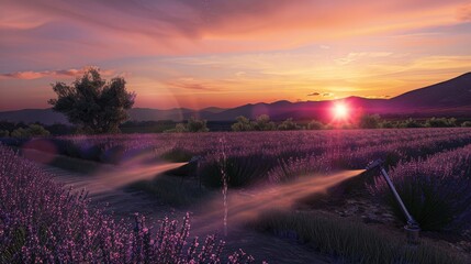 Obraz premium Purple Sunset Vibrant Lavender Field Awash in Golden Light