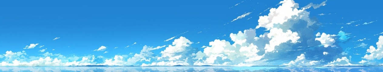 Dreamy Anime-Style Sky Landscape: Enchanting Blue Heavens with Fluffy Clouds and Radiant Sunbeams. Serene Atmosphere for Healing, Cultural Themes, and Graphic Design. Minimalist Composition with Copys