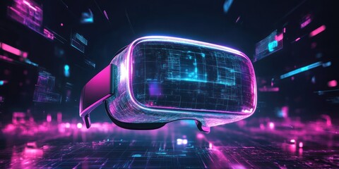 A futuristic virtual reality headset with glowing holographic interfaces and digital elements floating around.