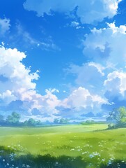 Obraz premium Dreamy Anime-Style Sky Landscape: Enchanting Blue Heavens with Fluffy Clouds and Radiant Sunbeams. Serene Atmosphere for Healing, Cultural Themes, and Graphic Design. Minimalist Composition with Copys