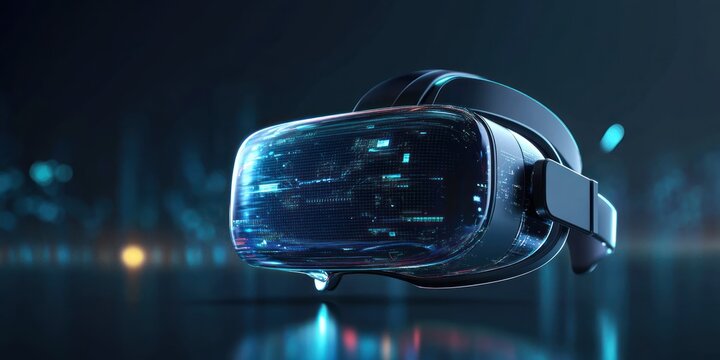A futuristic virtual reality headset with glowing holographic interfaces and digital elements floating around.