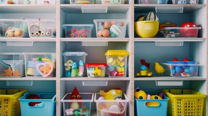 A well-organized shelf filled with various colorful toys neatly sorted into transparent plastic bins, creating a playful and tidy atmosphere.