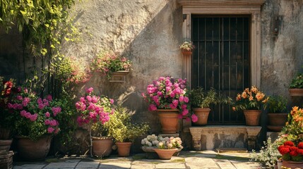 Naklejka premium The colorful picture of blooming flowers in the yard of an ancient house looks beautiful and radiant