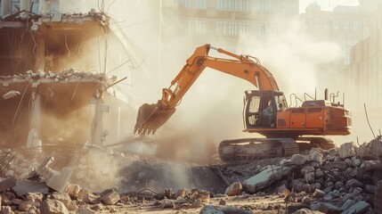 An excavator in action, tearing down a building amid clouds of dust, capturing the raw power and chaos of urban demolition.