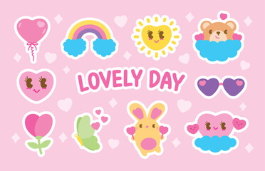 lovely hand drawn graphic element vector set in kawaii style with white outline