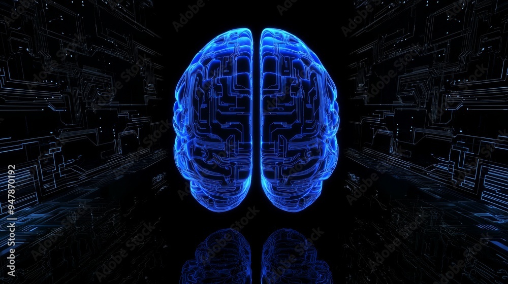 Poster this 3d rendering shows stock hardware, showing a glowing blue brain circuit on a microchip on a com