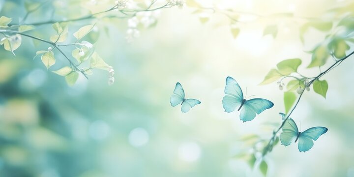 Serene spring background with soft pastel colors and subtle elements like butterflies and new leaves.
