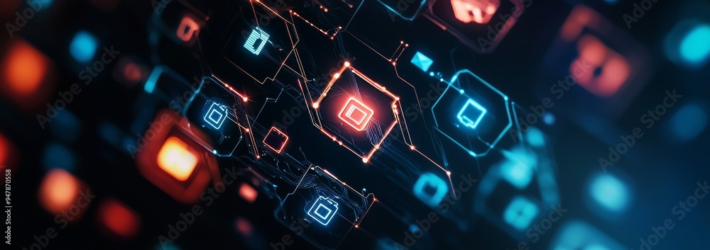 Poster diagrams with icons on a server room background depict the concepts of ict - information and telecom