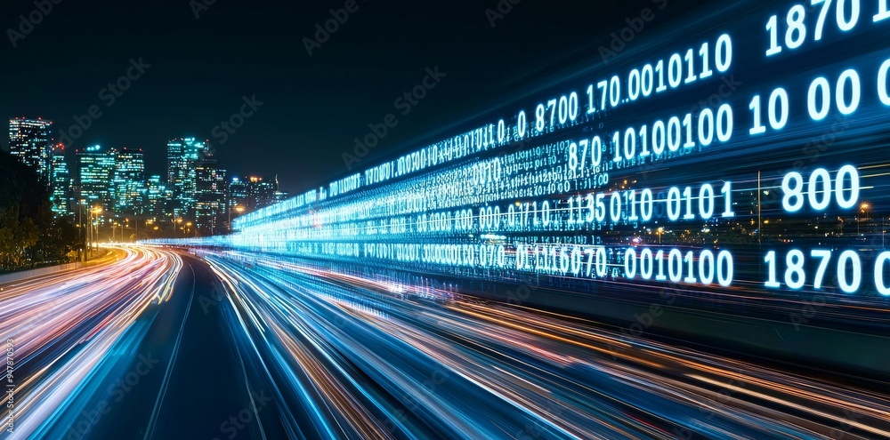 Poster rendering of a 3d path through a digital binary tower in the city. concepts of big data, machine lea