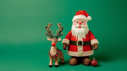 Obraz premium Santa Claus and a reindeer figurine are posed against a festive green background, evoking holiday cheer and the magic of Christmas.