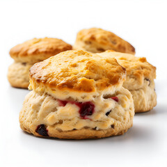 Delicious homemade scones with mixed berries resting on a light background ready to be served at a bakery or home kitchen